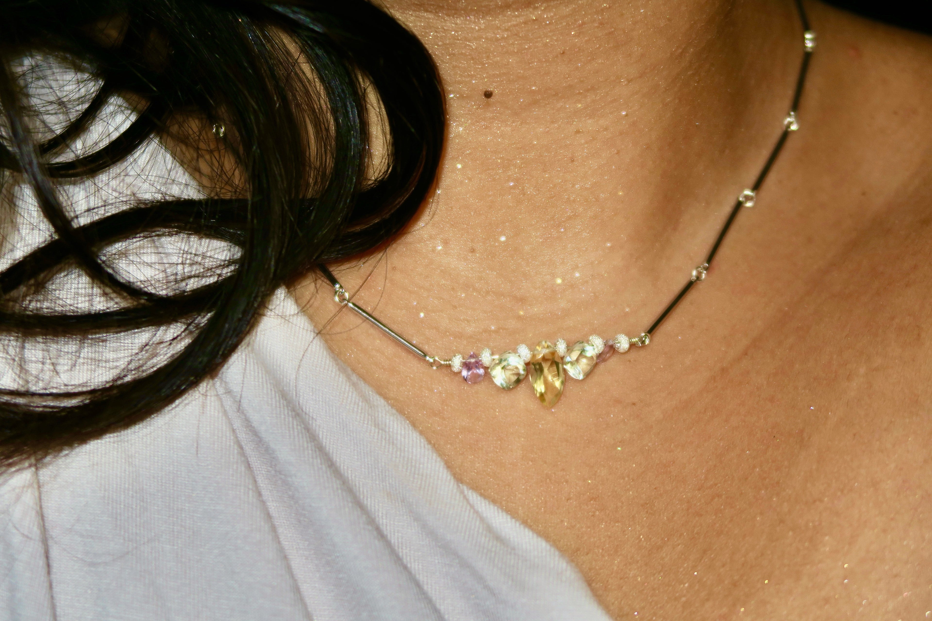 pierres fines citrines améthystes prasiolites collier coloré été